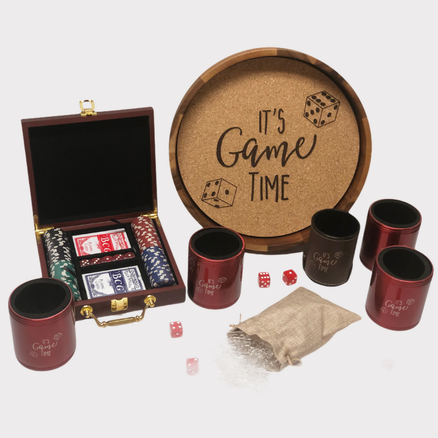 Dice Tray, Poker Set, Puzzle, and Koozies 