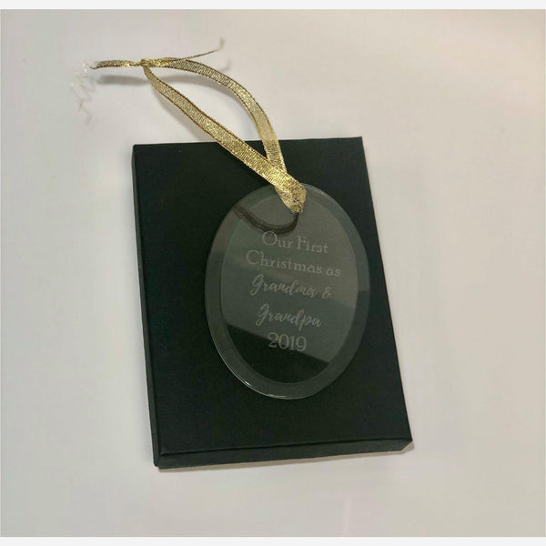 3.75 inch beveled glass laser engraved ornament saying "Our First Christmas as Grandma & Grandpa 2019