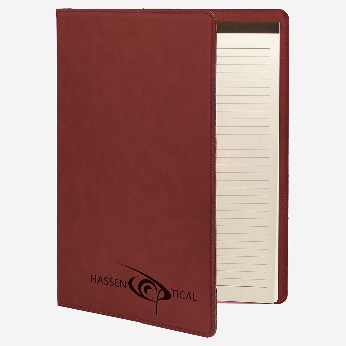 7" x 9" Laserable Rose Leatherette Small Portfolio with Notepad half open showing notepad and black engraving on front bottom corner