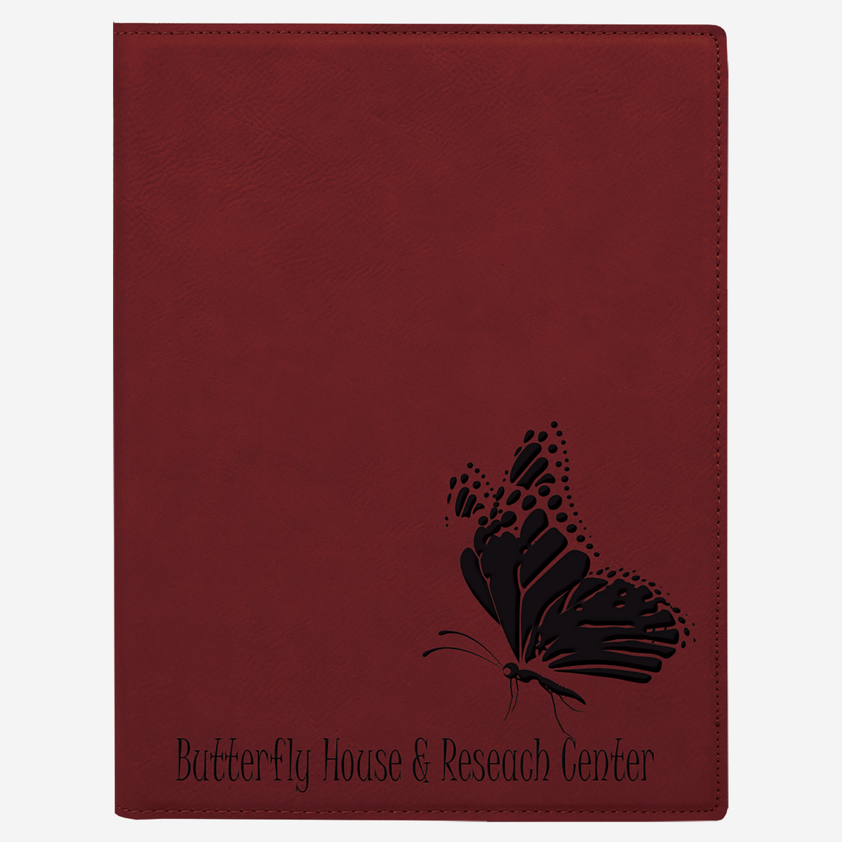 7" x 9" Laserable Rose Leatherette Small Portfolio with Notepad front view with butterfly House & Research Center black engraving and butterfly image