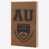 5.25 inch by 8.25 inch dark brown leatherette journal with black engraving
