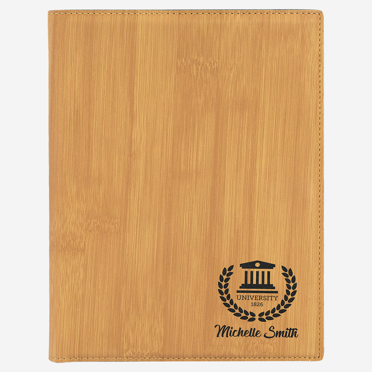 7" x 9" Laserable Bamboo Wood Leatherette Small Portfolio with Notepad front view with bottom right black engraving University Logo and personalized name