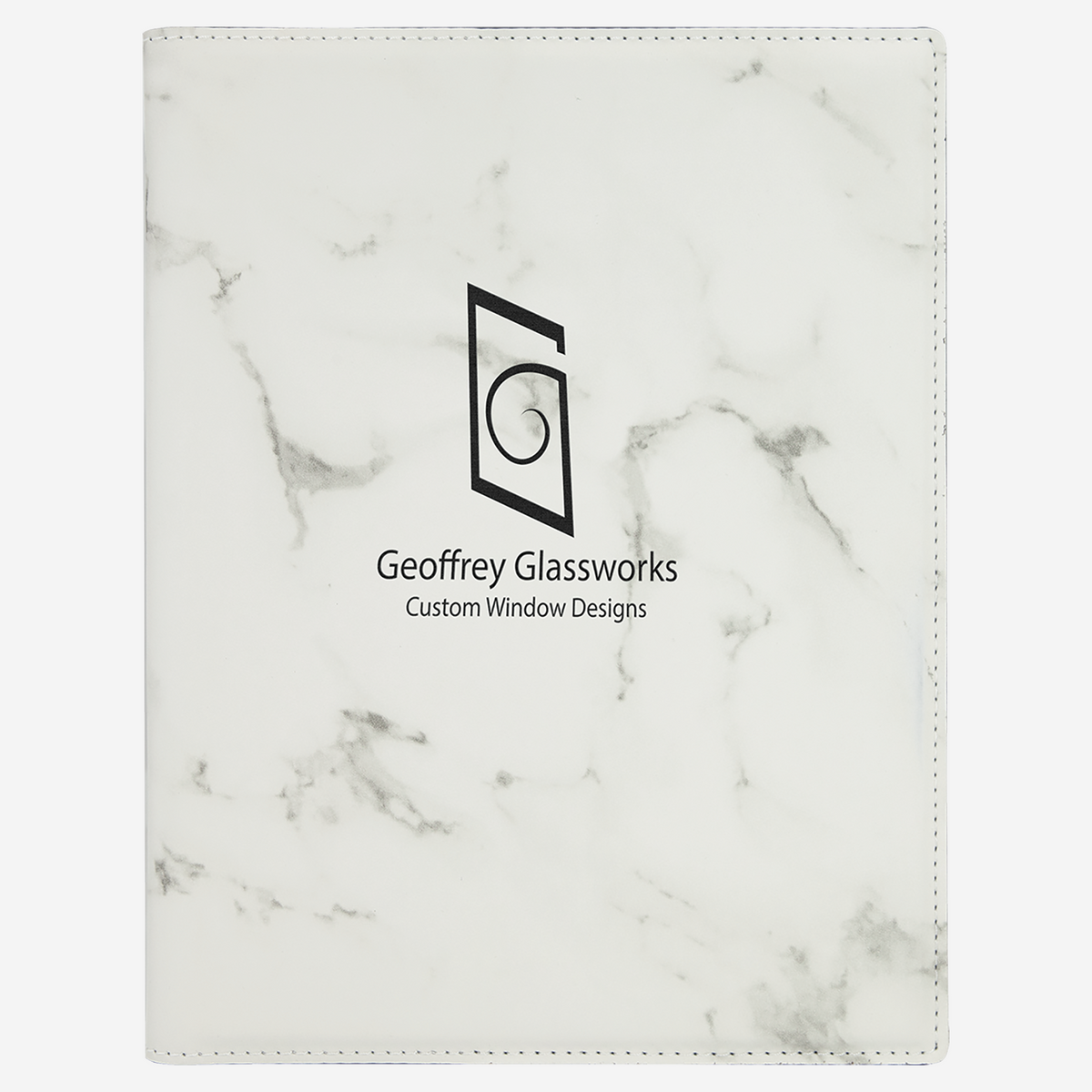 7" x 9" Laserable White Marble Leatherette Small Portfolio with Notepad front view with black Geoffrey Glassworks logo engraving