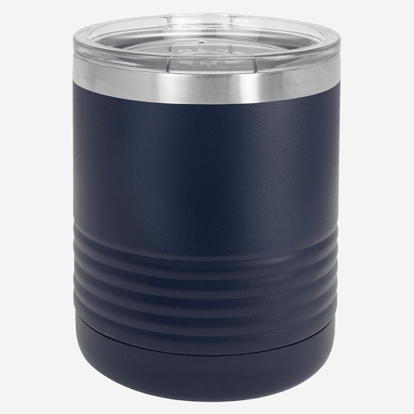 10 oz navy blue tumbler with lid grip rings on the bottom