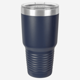 30 oz. navy blue stainless steel tumbler with silver ring at top clear lid
