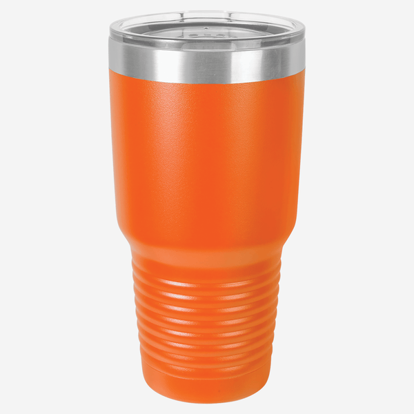 30 oz. orange stainless steel tumbler with silver ring at top clear lid