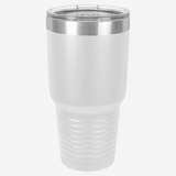 30 oz. white stainless steel tumbler with silver ring at top clear lid