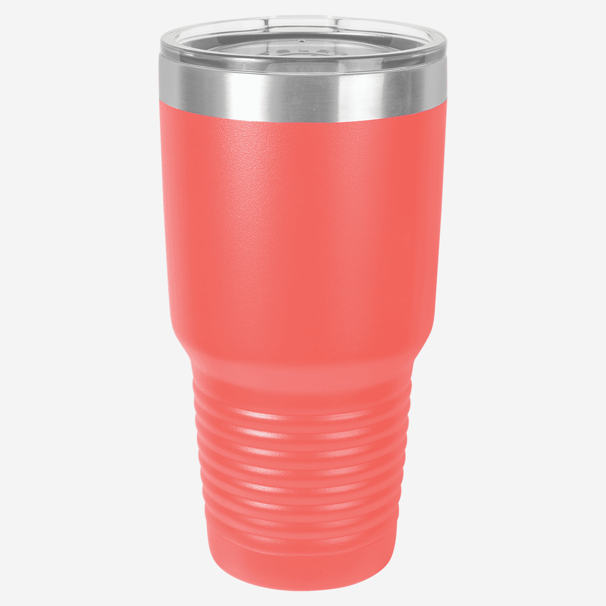 30 oz. coral stainless steel tumbler with silver ring at top clear lid