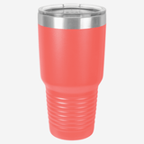 30 oz. coral stainless steel tumbler with silver ring at top clear lid