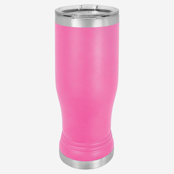 14 oz pink pilsner style tumbler with clear lid