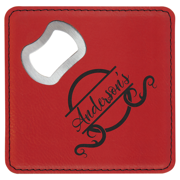 4" x 4" Square Laserable Leatherette Bottle Opener Coaster