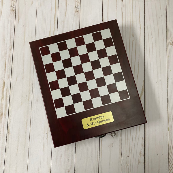 chess set with personalized gold nameplate
