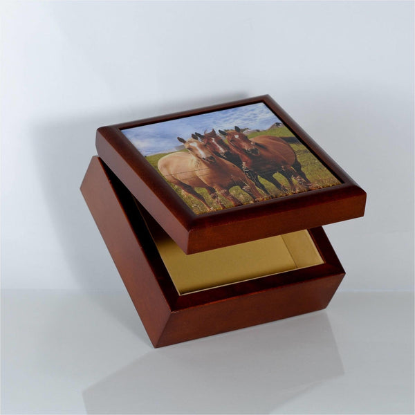 rosewood jewelry box with horse photo printed tile insert open showing light tan leather interior