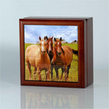 three horse printed tile rosewood keepsake box closed standing up