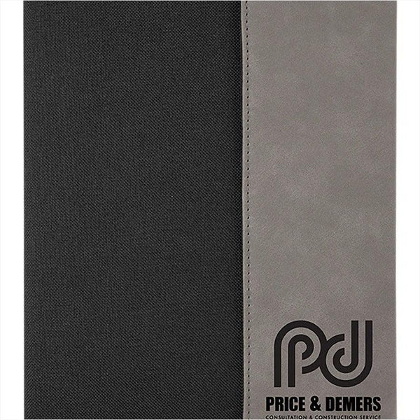 black fabric 7"x9" portfolio closed with gray leatherette flap engraved with black engraving