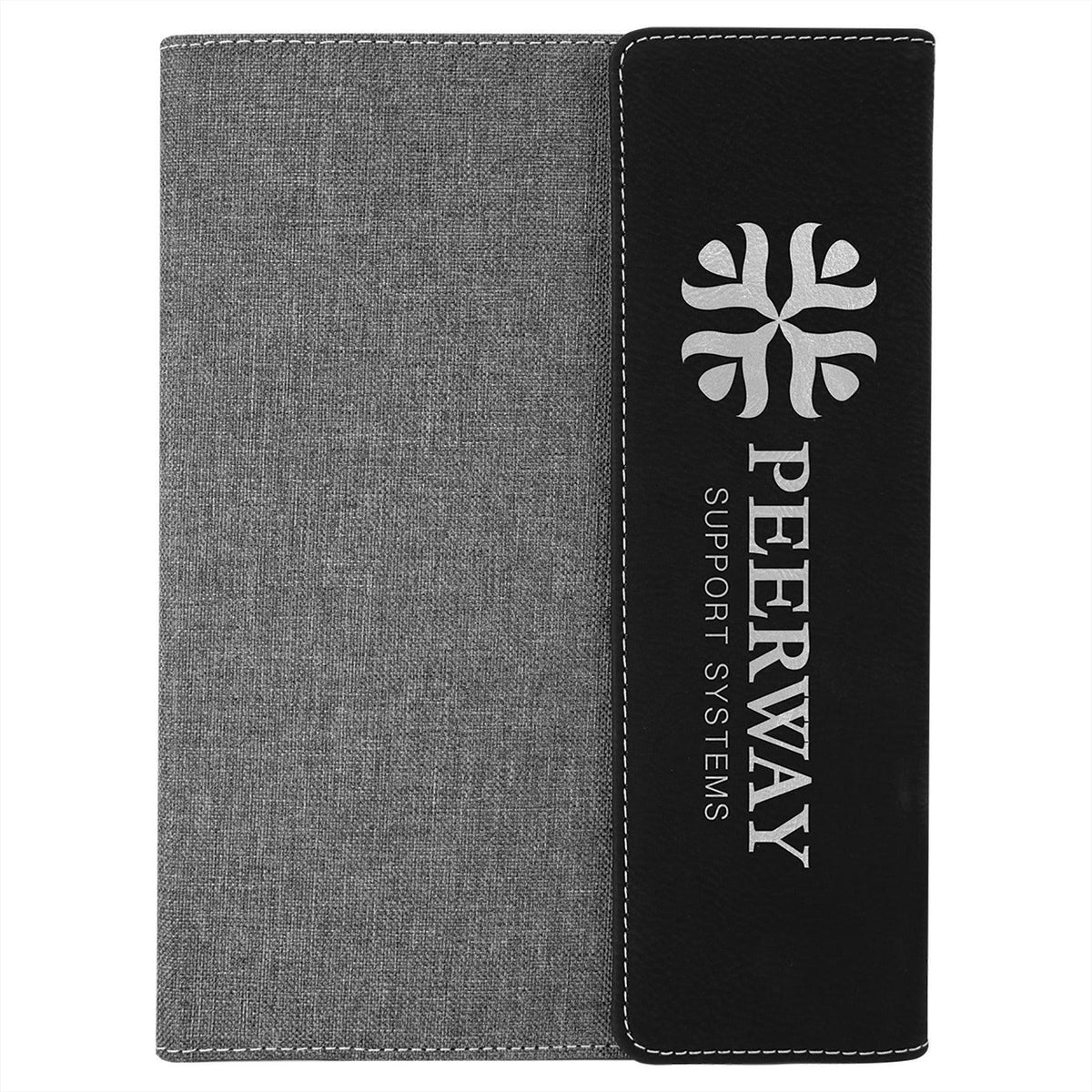 gray fabric 7"x9" portfolio closed with black leatherette flap engraved with silver engraving