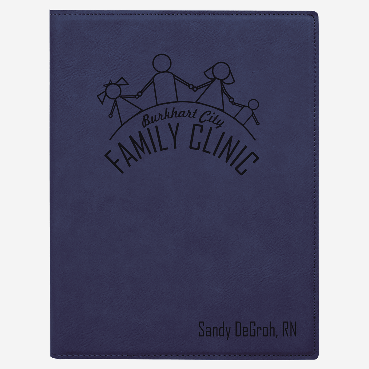 7" x 9" Laserable Navy Blue Leatherette Small Portfolio with Notepad front view with black engraving family drawing Burkhart City Family Clinic engraving
