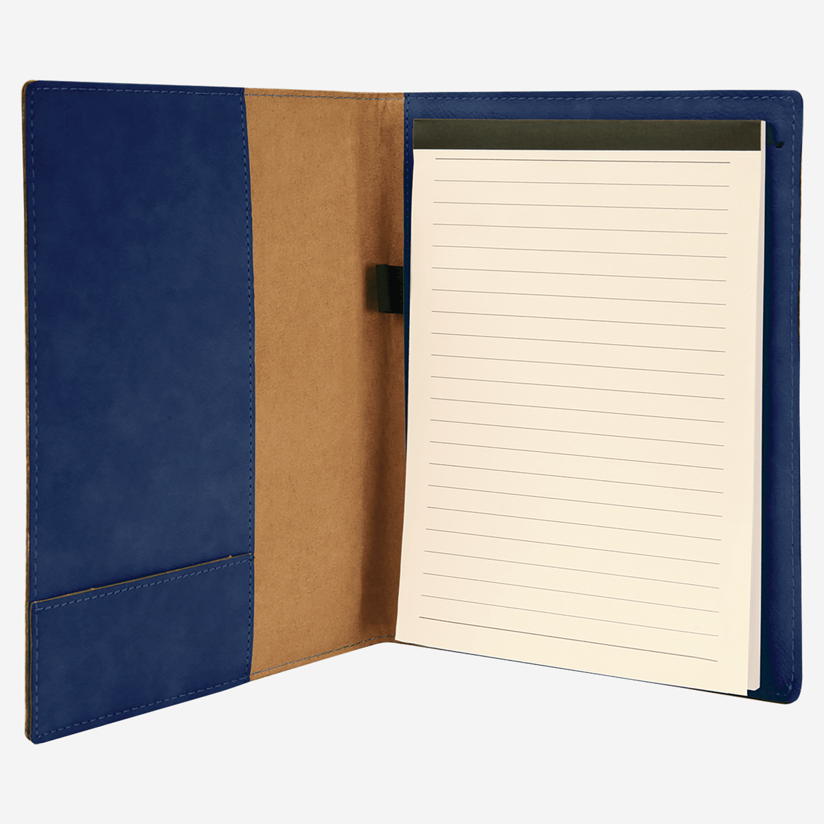 7" x 9" Laserable Navy Blue Leatherette Small Portfolio with Notepad open view with pocket on left and notepad on right