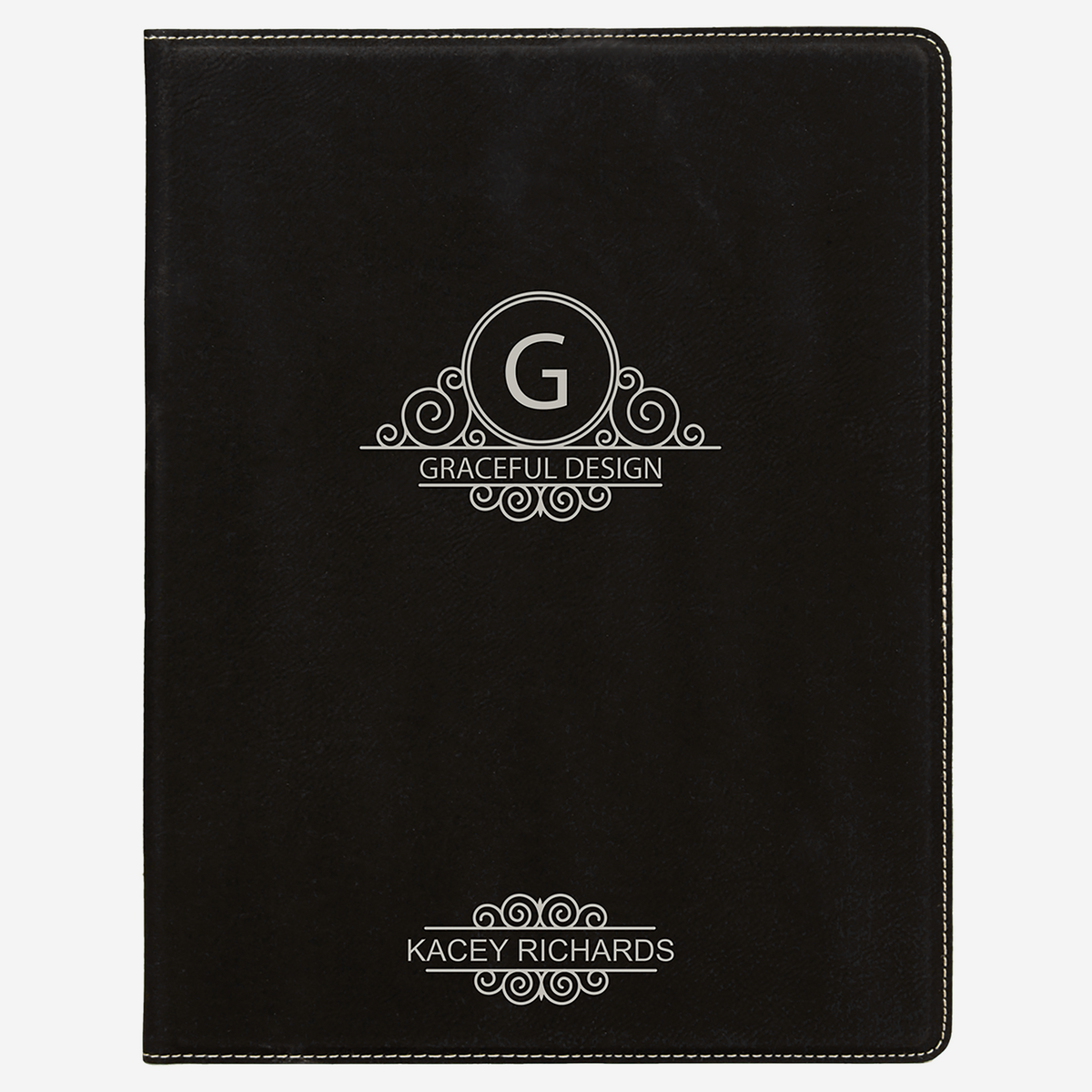 7" x 9" Laserable Black Leatherette Small Portfolio with Notepad front view with Graceful Design Logo engraving in silver