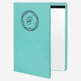 7" x 9" Laserable teal Leatherette Small Portfolio with Notepad with black engraving on front - partial open view