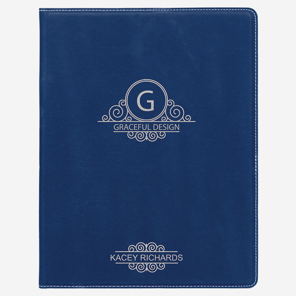 7" x 9" Laserable Royal Blue Leatherette Small Portfolio with Notepad front view with silver Graceful Design logo engraving in silver