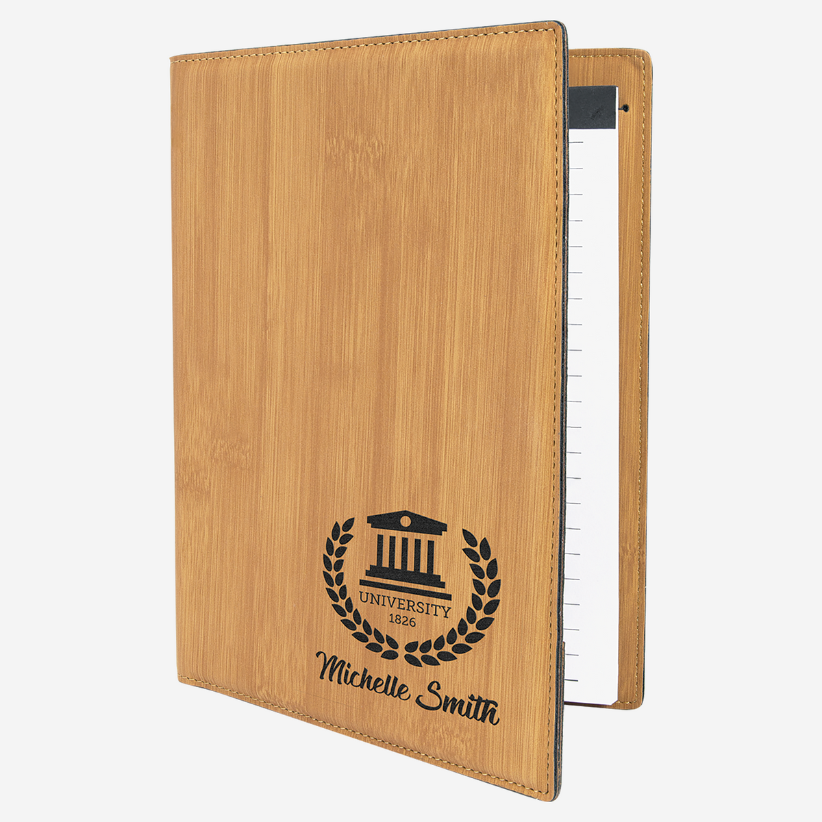 7" x 9" Laserable Bamboo Wood Leatherette Small Portfolio with Notepad partial open view with University Logo and notepad showing in partial view