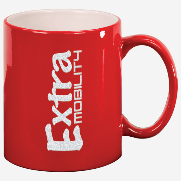 11 oz standard red ceramic coffee mug with white engraving