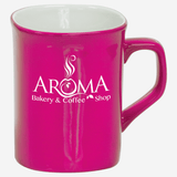 pink ceramic coffee mug with white engraving