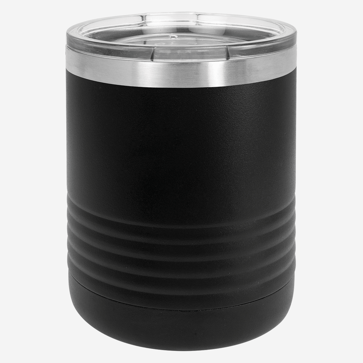 10 oz black tumbler with lid grip rings on the bottom