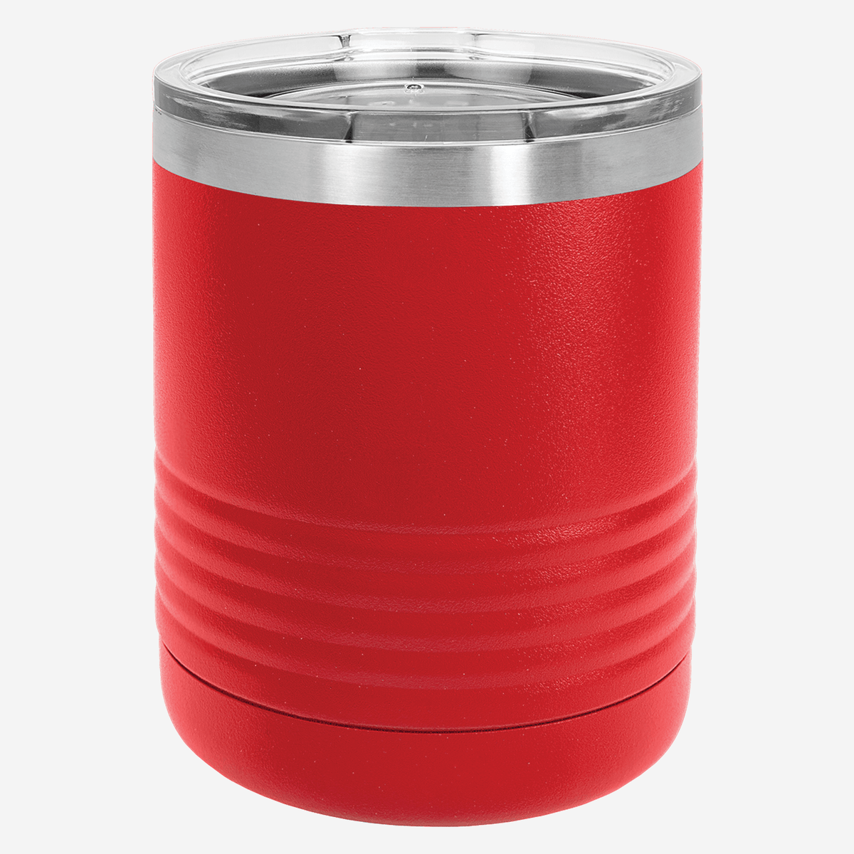 10 oz red tumbler with lid grip rings on the bottom