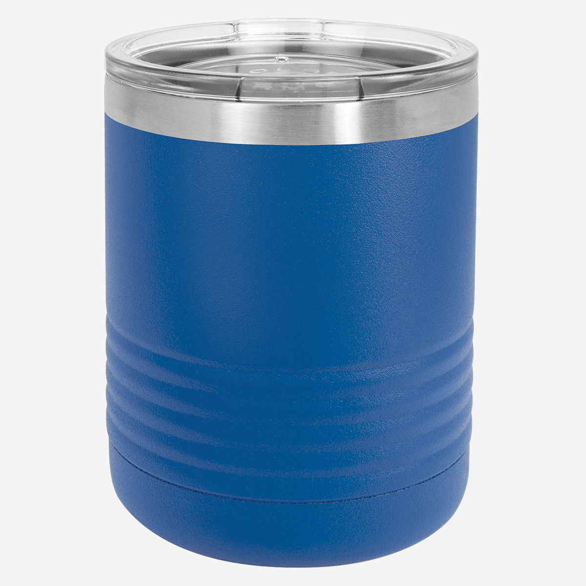 10 oz royal blue tumbler with lid grip rings on the bottom