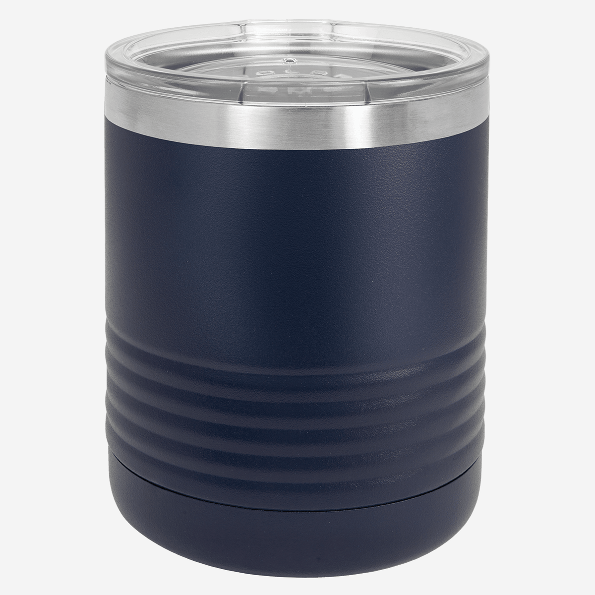 10  oz navy blue tumbler with lid grip rings on the bottom