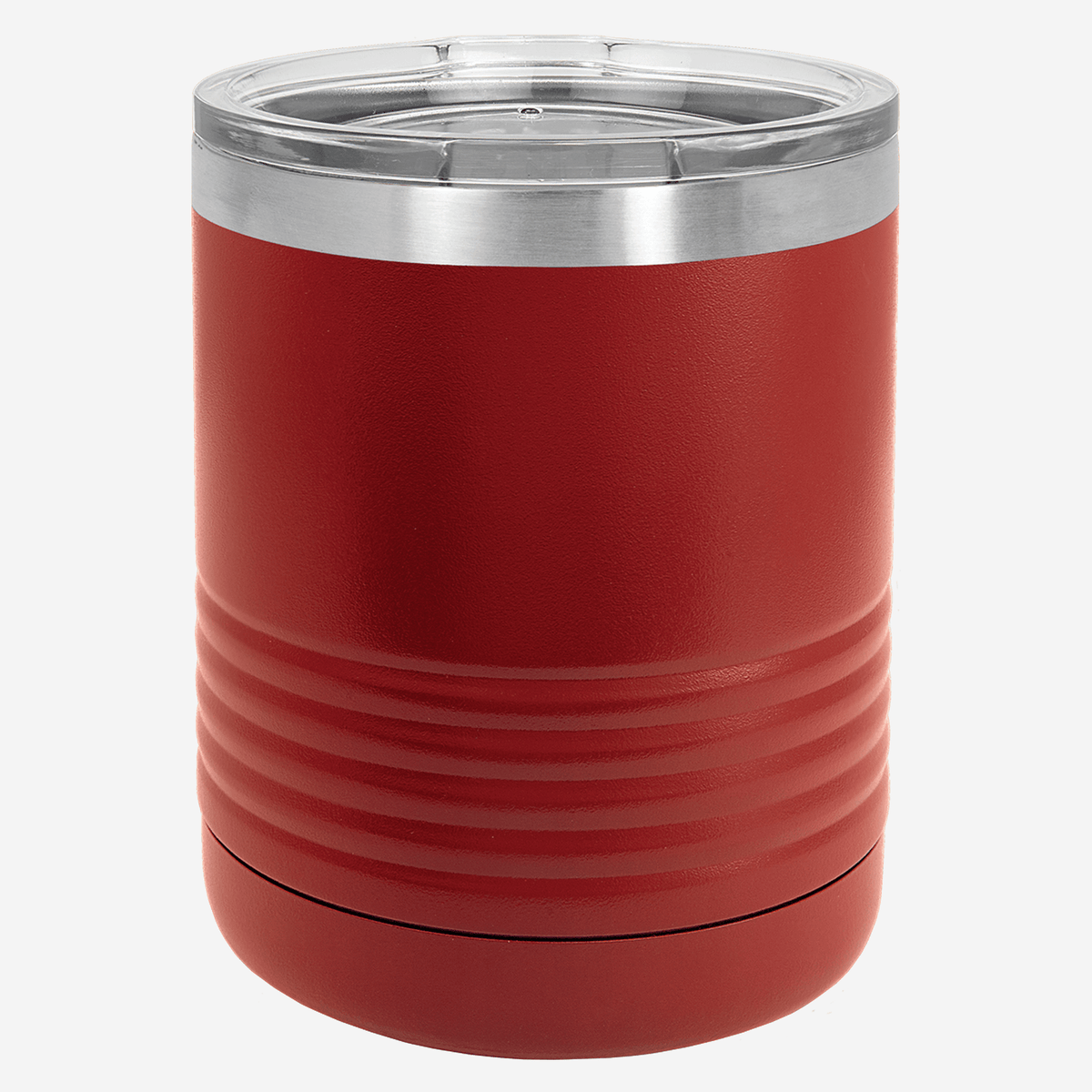 10 oz red tumbler with lid grip rings on the bottom