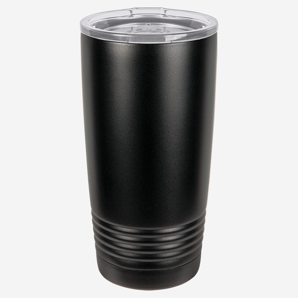 20 oz. black stainless steel tumbler with no silver ring at top with lid grip rings on the bottom