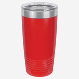 20 oz. red stainless steel tumbler with lid grip rings on the bottom