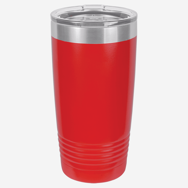 20 oz. red stainless steel tumbler with lid grip rings on the bottom