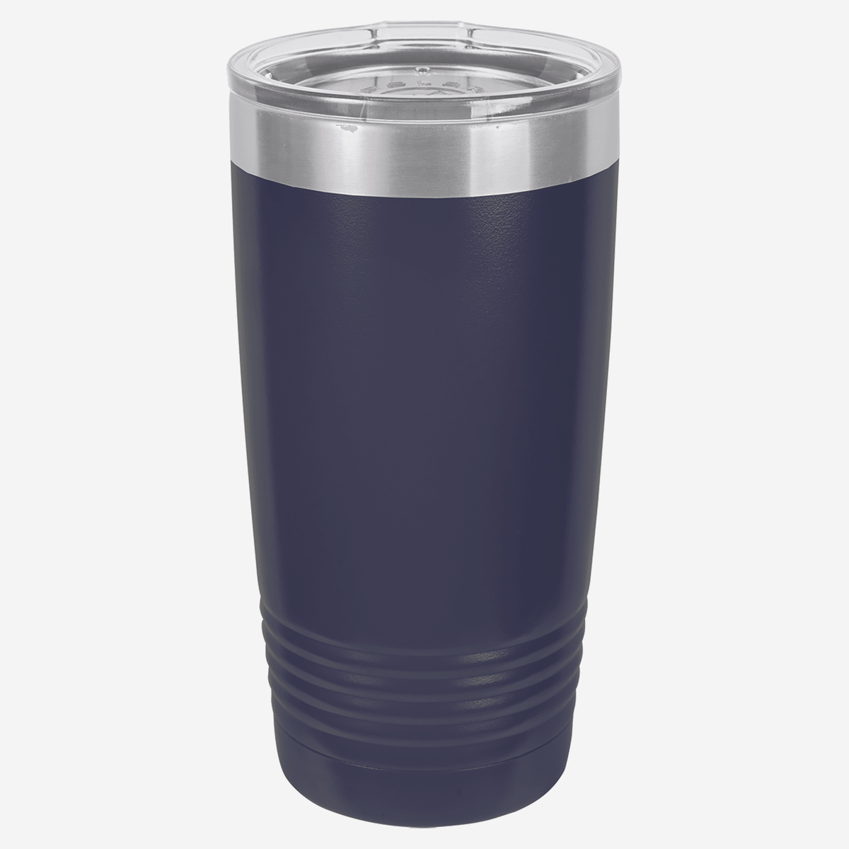 20 oz. navy blue stainless steel tumbler with lid grip rings on the bottom