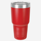 30 oz. red stainless steel tumbler with silver ring at top clear lid