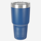 30 oz. dark blue stainless steel tumbler with silver ring at top clear lid