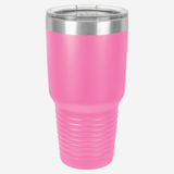 30 oz. pink stainless steel tumbler with silver ring at top clear lid