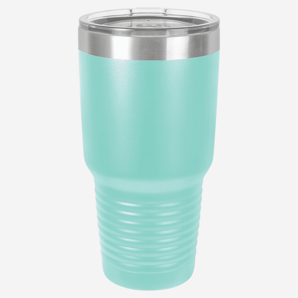 30 oz. teal stainless steel tumbler with silver ring at top clear lid