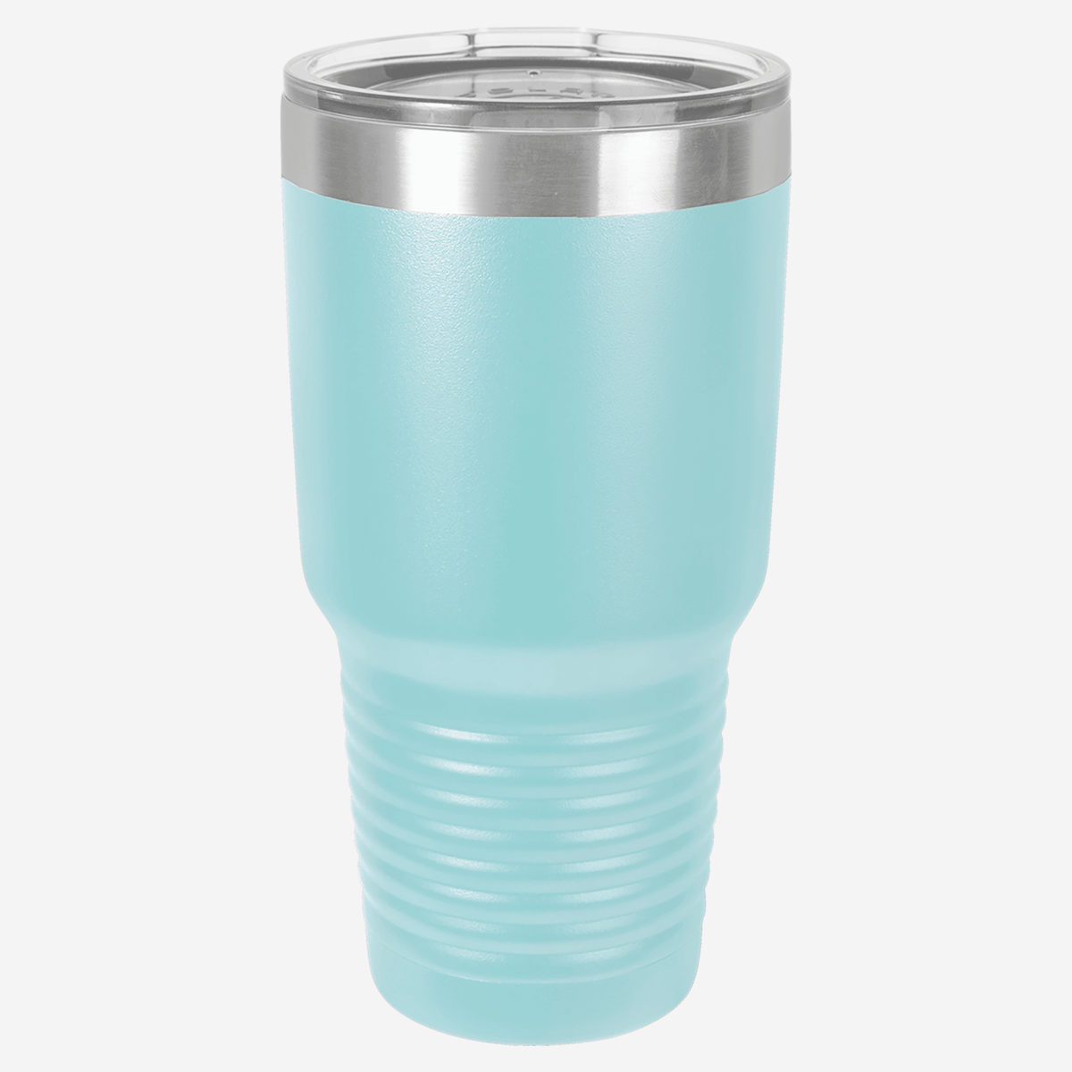 30 oz. light blue stainless steel tumbler with silver ring at top clear lid