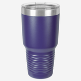 30 oz. dark purple stainless steel tumbler with silver ring at top clear lid