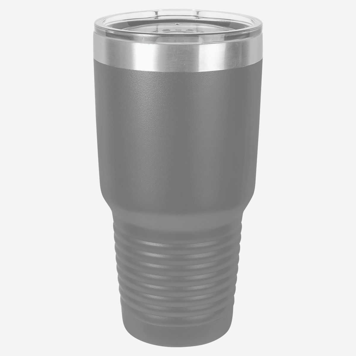 30 oz. dark gray stainless steel tumbler with silver ring at top clear lid