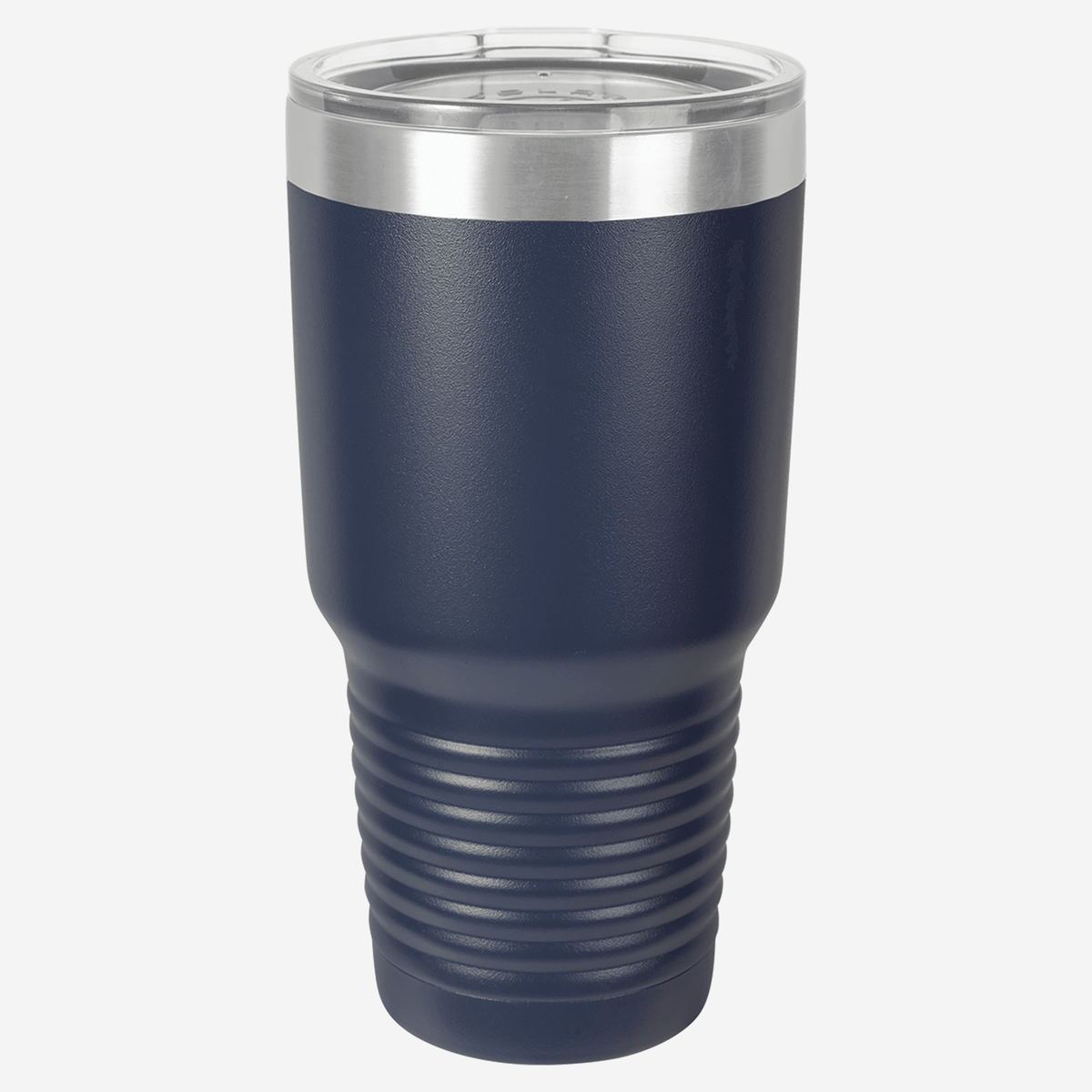 30 oz. navy blue stainless steel tumbler with silver ring at top clear lid