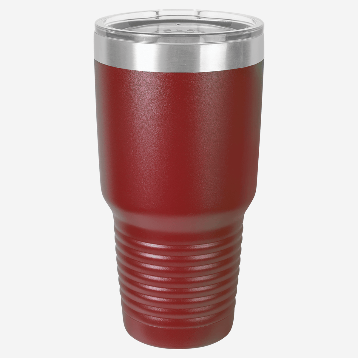 30 oz. maroon stainless steel tumbler with silver ring at top clear lid