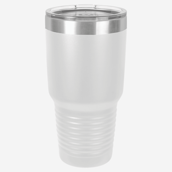 30 oz. white stainless steel tumbler with silver ring at top clear lid