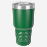 30 oz. kelly green stainless steel tumbler with silver ring at top clear lid