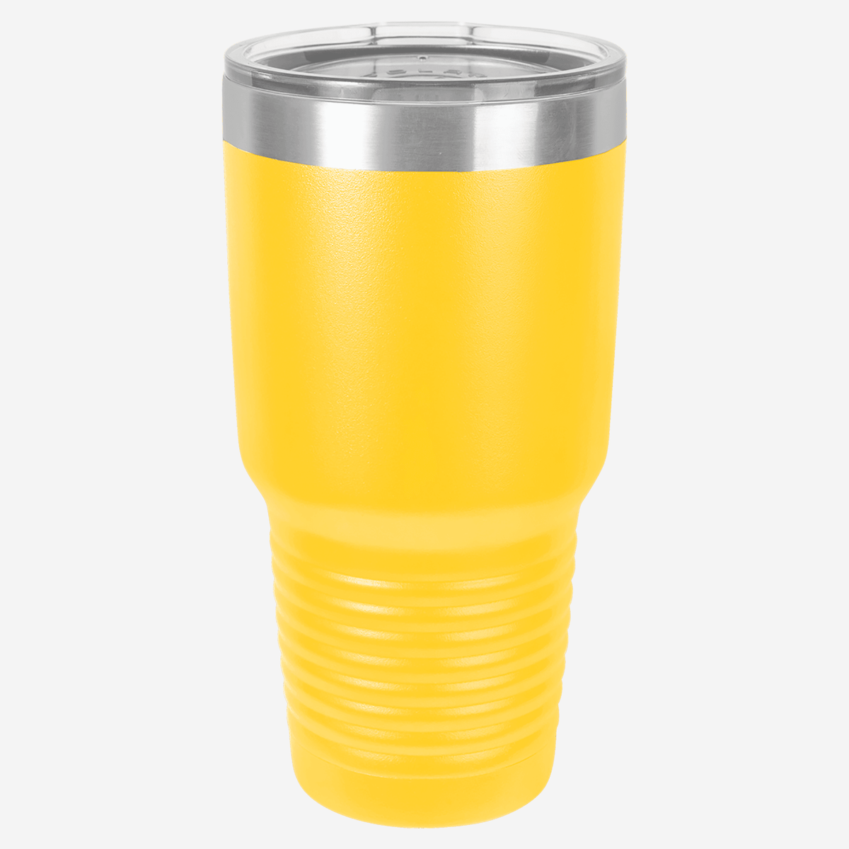 30 oz. bright yellow stainless steel tumbler with silver ring at top clear lid