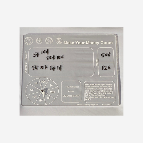 clear acrylic engraved with make your money count game for kids learning math and coins